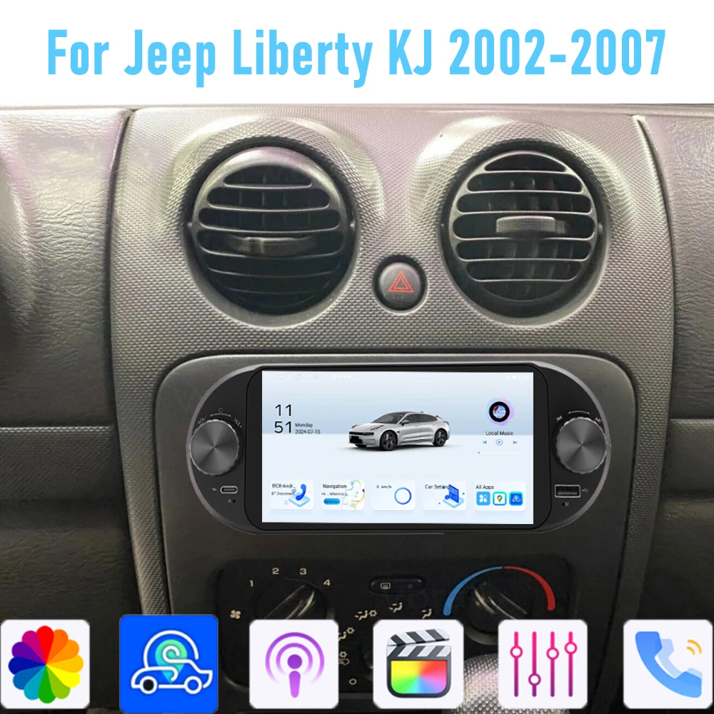 Radio Estéreo para Auto con GPS de 6'' para Jeep Liberty KJ2002-2007, Apple CarPlay Inalámbrico, Android 15, Unidad Principal para Auto, Cámara, WIFI, 4GB-64GB
