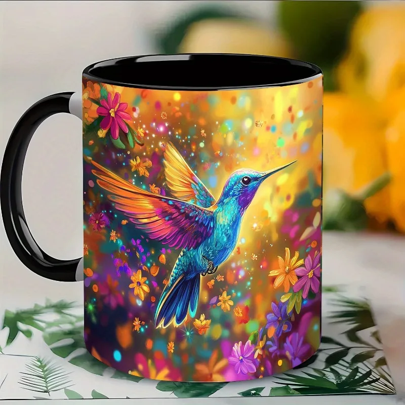 11oz Black Ceramic Colorful Hummingbird 2D Printing Mug, Nature Art Pattern Coffee Mug Gift for Bird Lover Drinkware