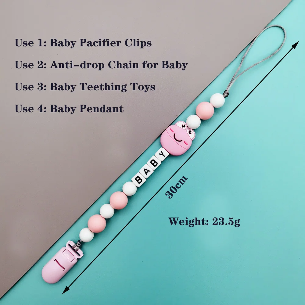 Personalizzato inglese russo lettere nome bambino Silicone rana ciuccio clip catene massaggiagengive pendenti bambino ciuccio Kawaii