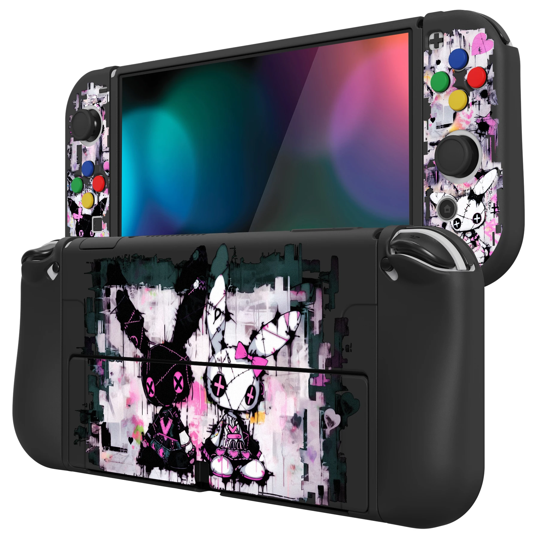 PlayVital ZealProtect Soft Protective Case for Nintendo Switch OLED Protector with Thumb Grips - Lovely Punky Bunny