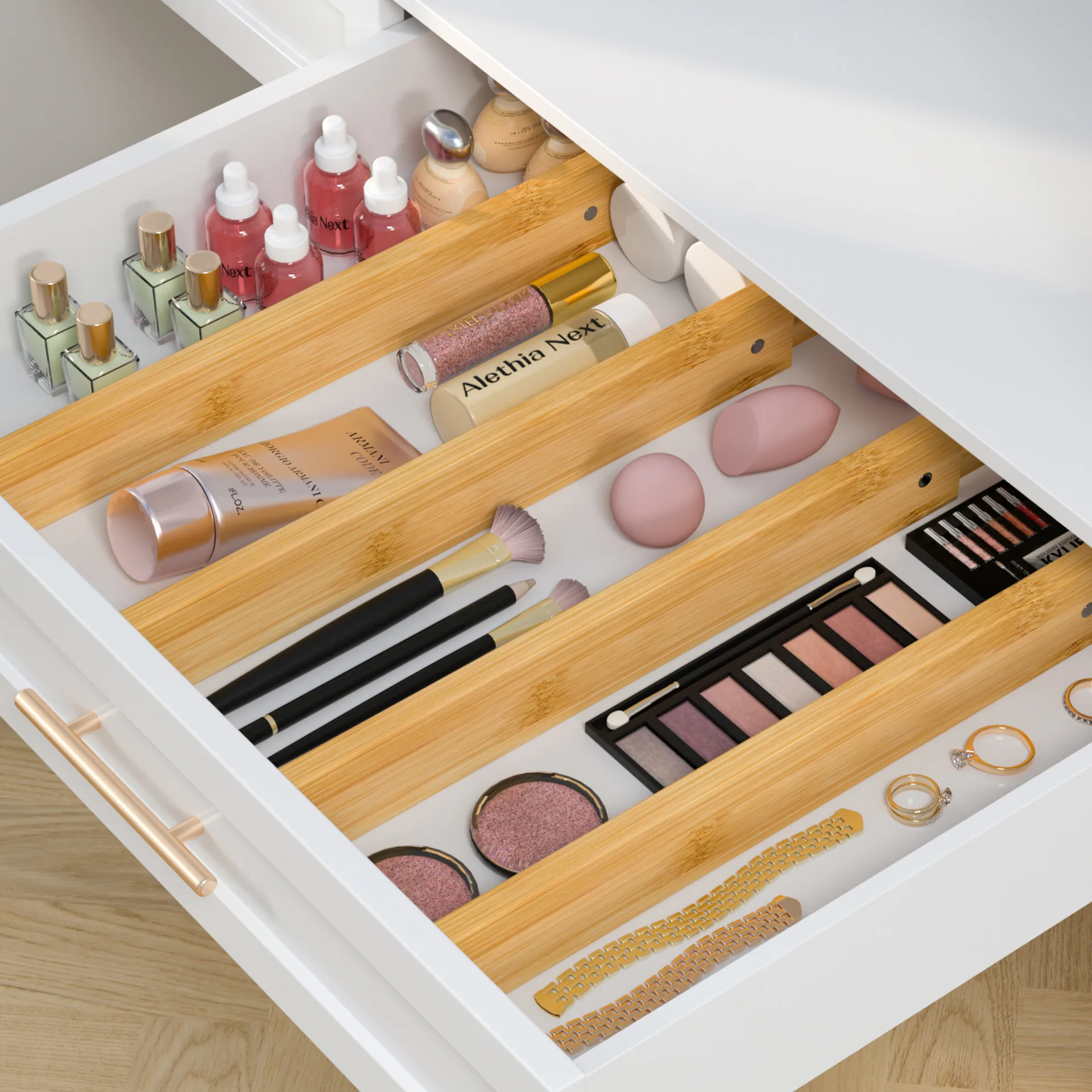 Expandable Bamboo Drawer Dividers Four-Piece Spring-Loaded Closet Cabinet Separators Automatic Tension Adjustment Cm Organizer