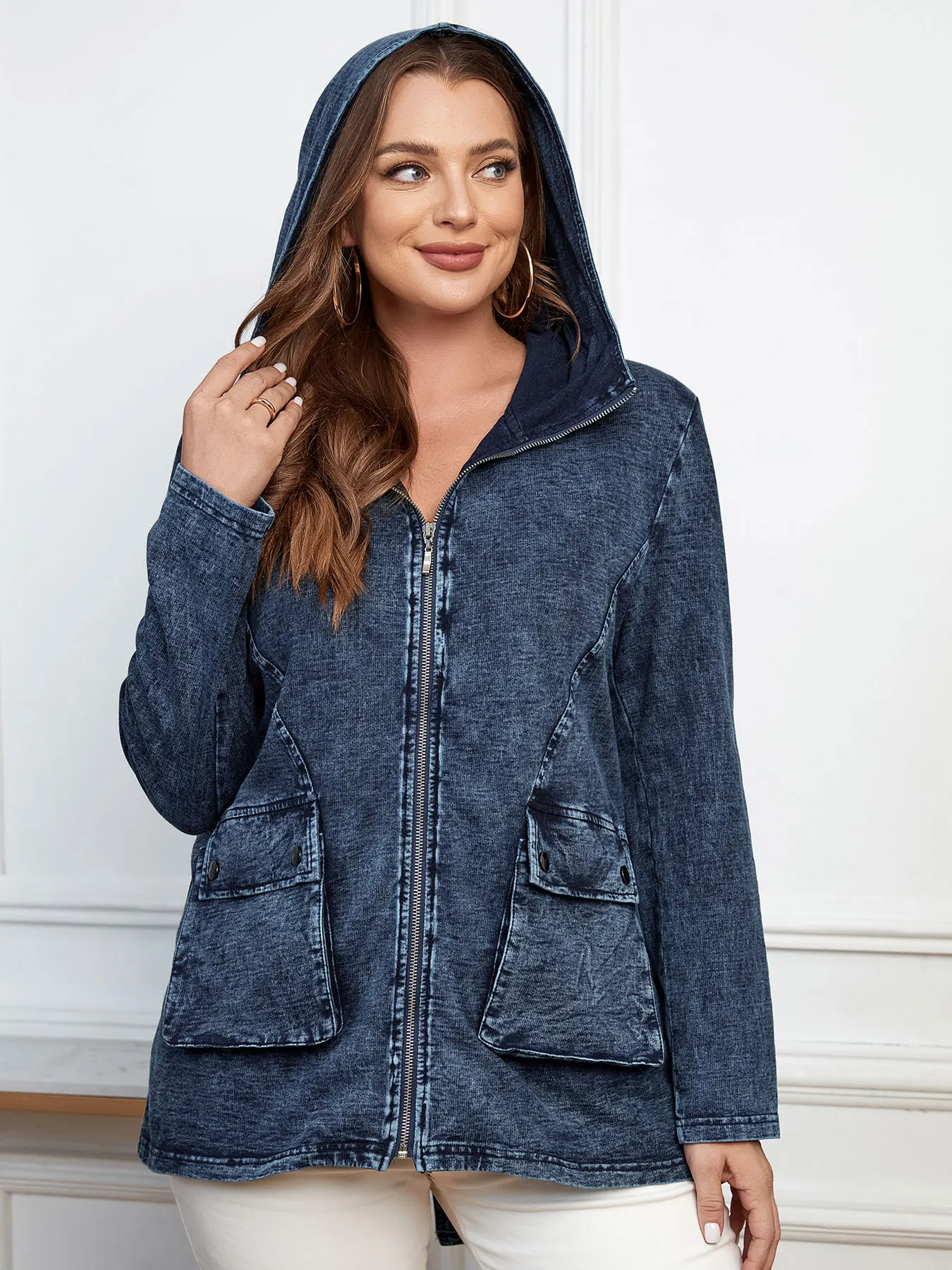 LIH HUA Women\'s Plus Size Denim Jacket Women\'s Casual High End Stretch Knit Denim Jacket with Shoulder Pads Denim Jacket