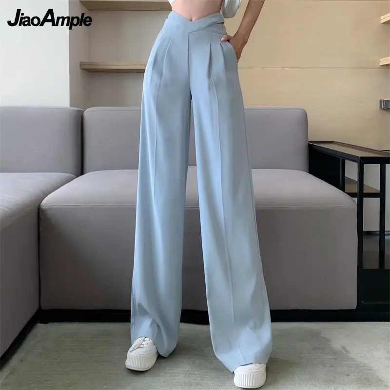 2022 Spring Summer Long Wide Let Pants Women Korean High Waist Hollow Out Solid Trousers Office Lady Graceful Loose Black Pant