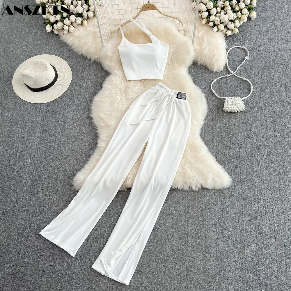 2Piece Set women's wide leg pants and high waist loose straight casual pants two piece suit suspender vest summer