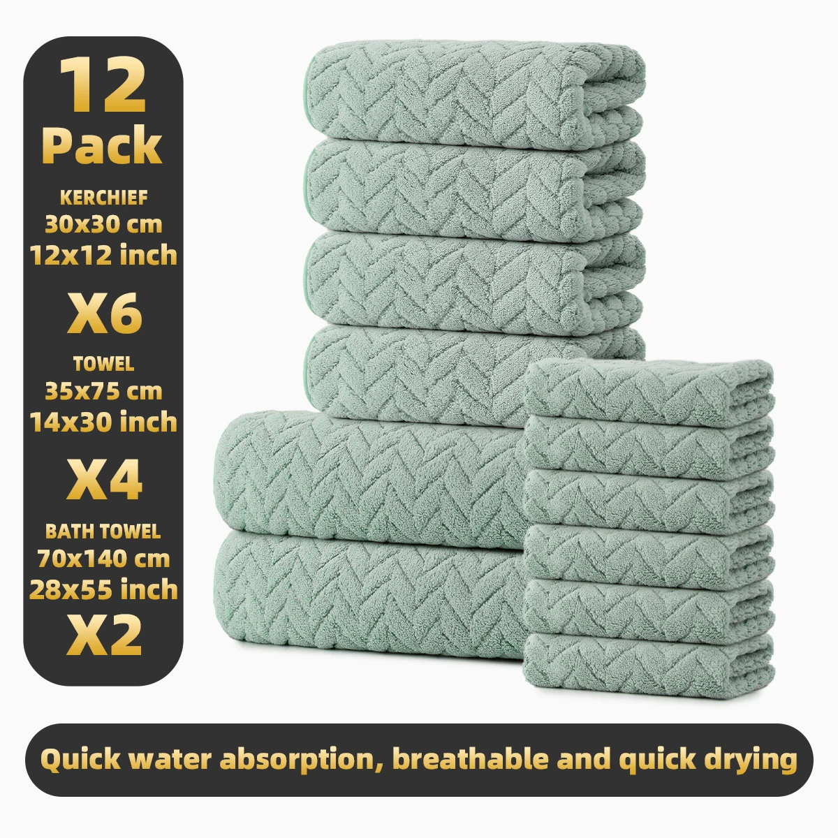 12‑Piece Towel Set, 2 Bath Towels + 4 Hand Towels + 6 Face Towels, Soft & Comfortable, High Water Absorbency, Bathroom Towels