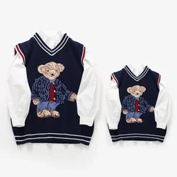 2024 Autumn Parent-Child Vest Family Matching Sweater For Kids Bear Knit Top Dad Mom And Son Daughter Christmas Knitted Cardigan