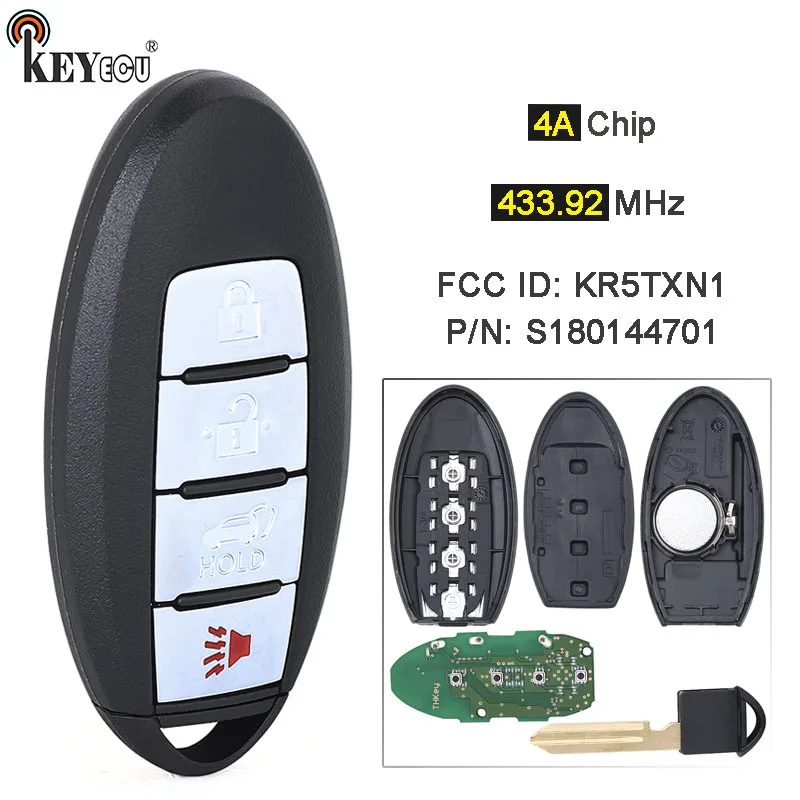 

KEYECU 433.92MHz 4A Chip FCC ID: KR5TXN1 P/N: S180144701 285E3-5NA3A Keykess Smart Remote Key Fob for Infiniti QX50 2019 2020