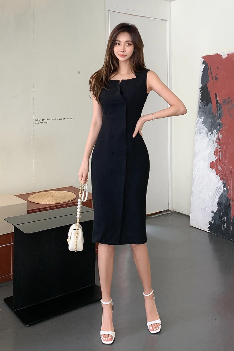 2024 Spring New Korean Temperament Fashion Runway Dresses Women Simple Elegant Black Bodycon Party Dress Vestidos