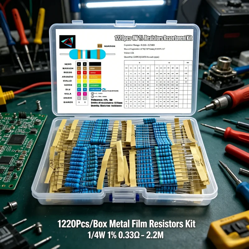 

1220Pcs/Box Metal Film Resistors Kit 122 Values 1/4W 1% 0.33Ω - 2.2MΩHigh Precision Resistance Set Assortment10pcs Each for Ele