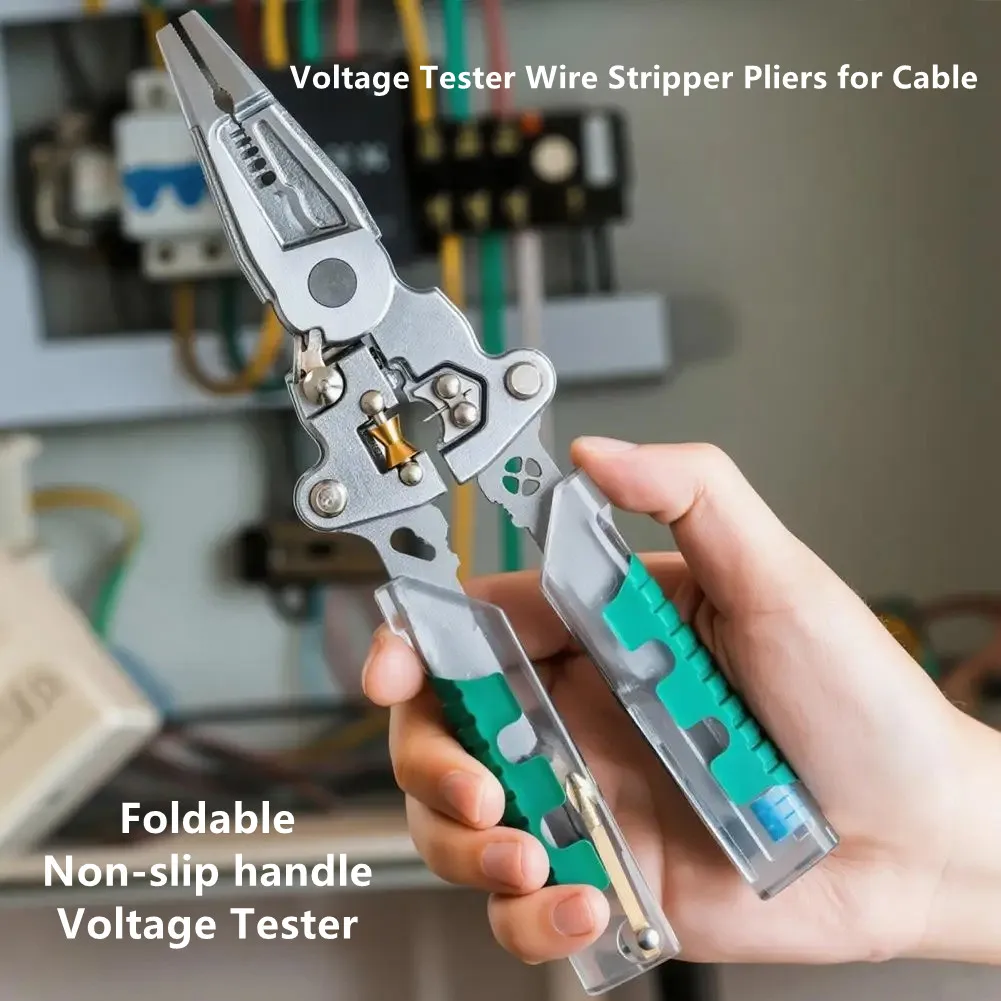TUOSEN Voltage Tester Wire Stripper Pliers for Cable, Multifunction Foldable Electrician Tool with Crimper & Screwdriver