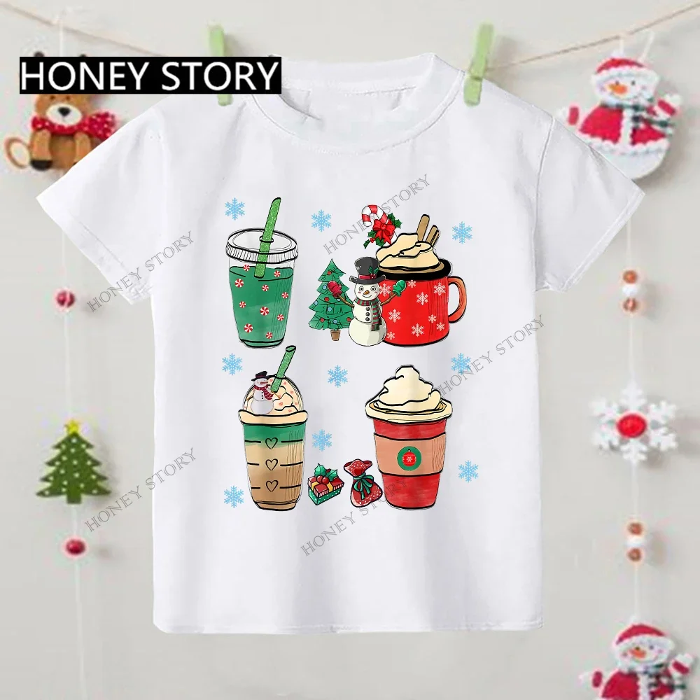 Merry Christmas Children's Christmas Coffee Print Children's T-shirt Boys and Girls Short-sleeved Crew-neck Base Shirt TOPS