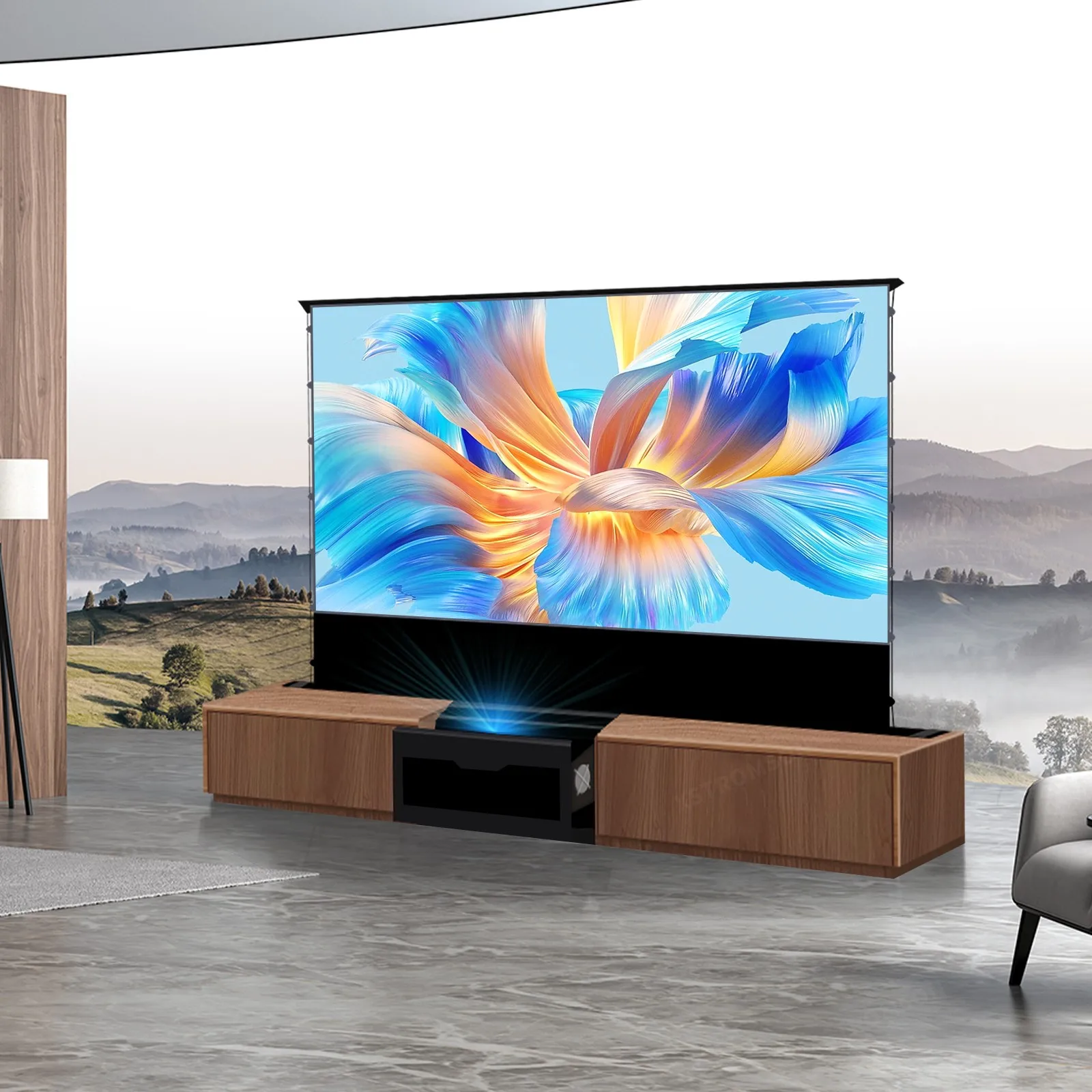 Hot Ultra Short Throw 100-150''  Motorized Floor Rising Projection Screen + Integrated UST Projector Cabinet for Home Theater