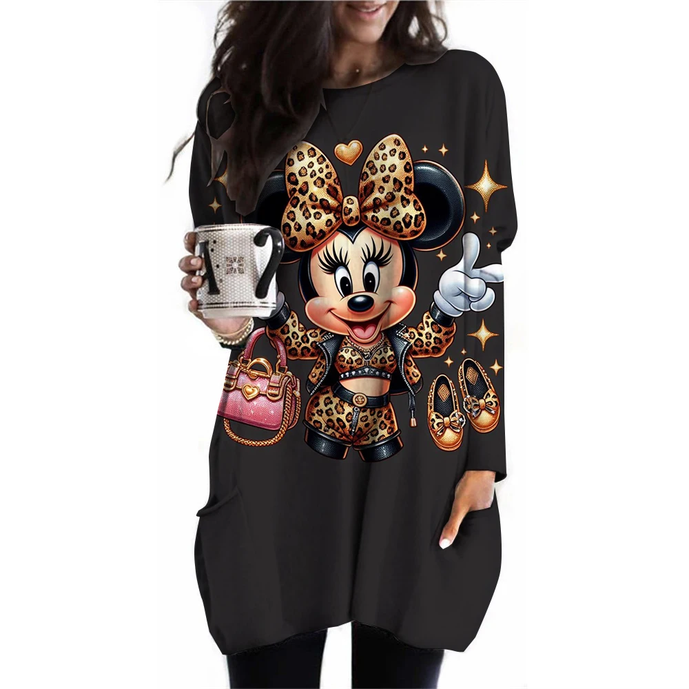 Women's Fashion Casual Loose T-shirt Disney Mickey Mouse Printed Pocket Long Sleeved Contrasting Colors Pullover Top Blouse