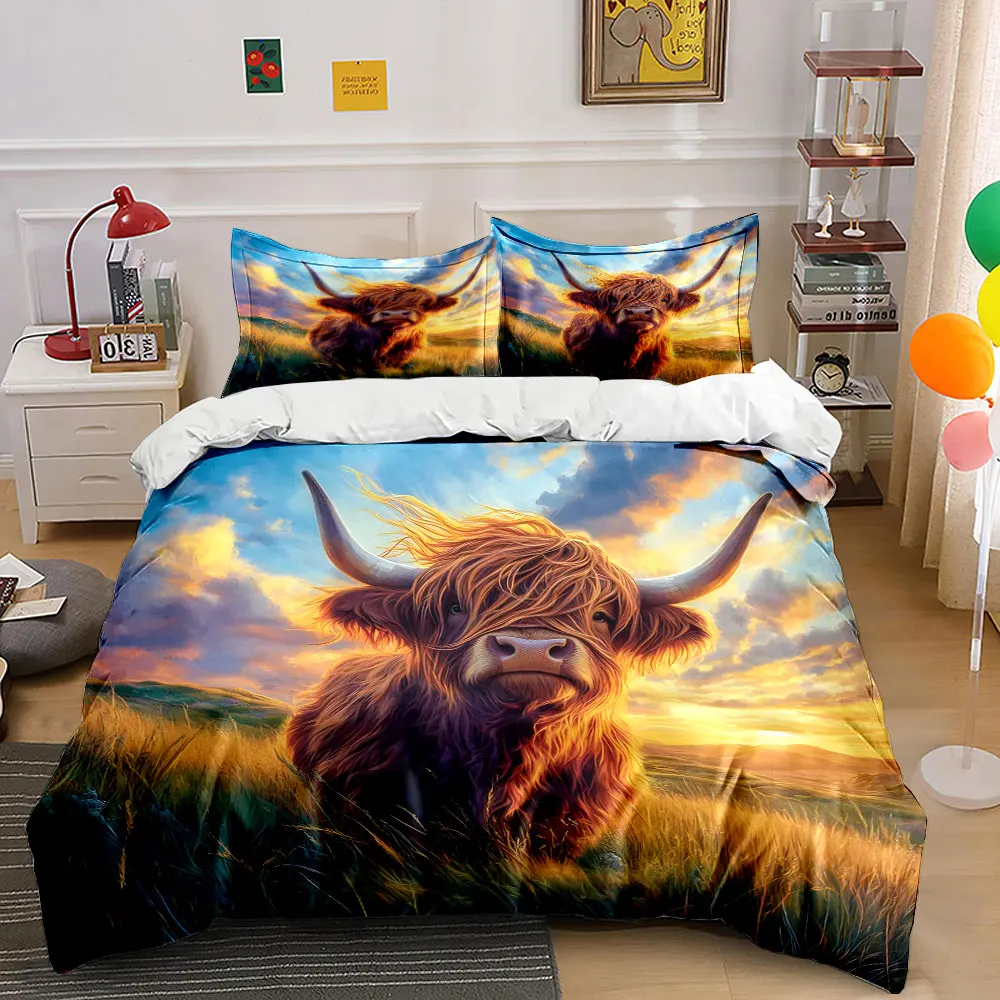 Highland cow in golden sunlight Printed Duvet Cover Set1 Duvet Cover+2 PillowcaseMulti Size Bedroom Bedding Decor Luxury gifts