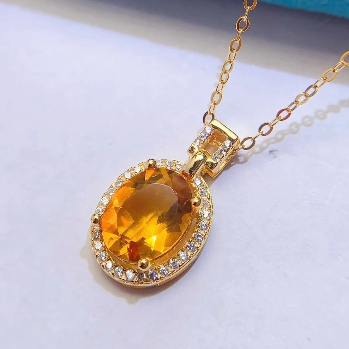 925 Silver Natural Citrine Pendant with Certificate 10x8mm Genuine Citrine Jewelry Halo Design Fine Jewelry Necklace for Women