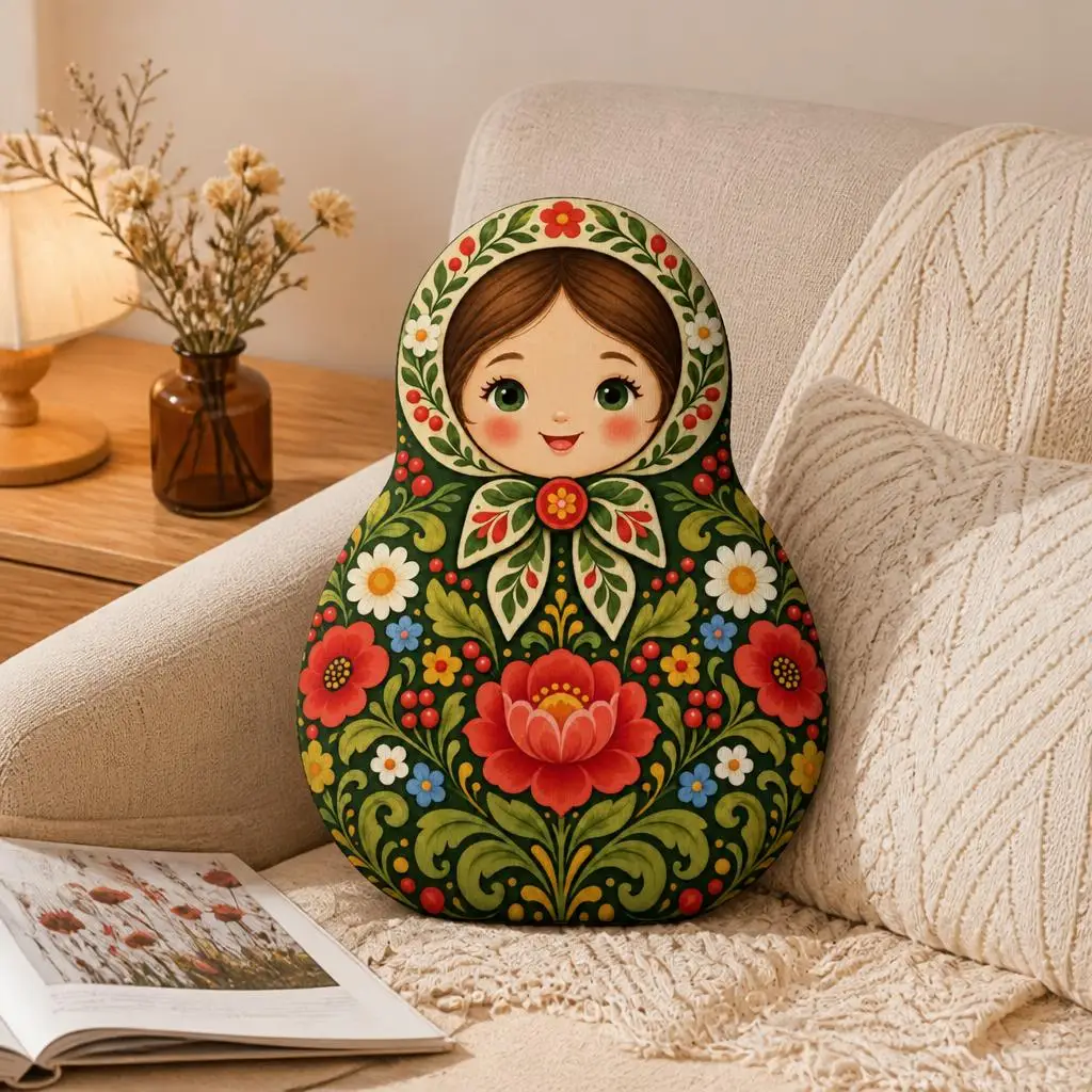 Russian Nesting Doll Shaped Stuffed Pillow Floral Folk Art Cushion Green Botanical Throw Pillow for Sofa Home Decor Gift