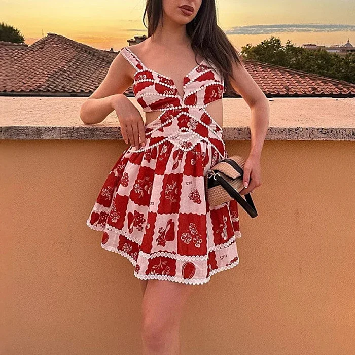 Summer Women Dresses  Patchwork Bright Line Decoration Sleeveless Sweetheart Neck Cut-Out Bohemian Chic Dresses