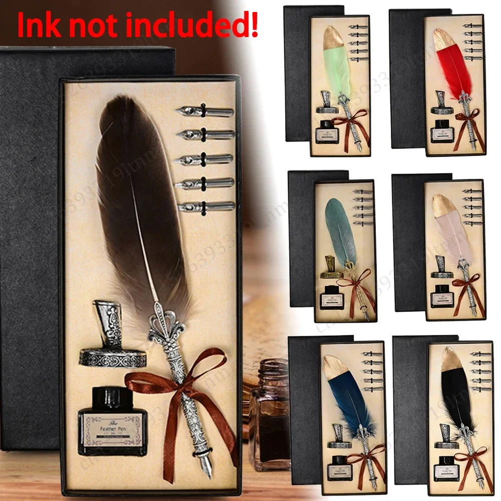 Retro Calligraphy Feather Dip Pen Writing Ink Set Stationery Quill Fountain Pen Birthday Teacher Gift Writing Tools