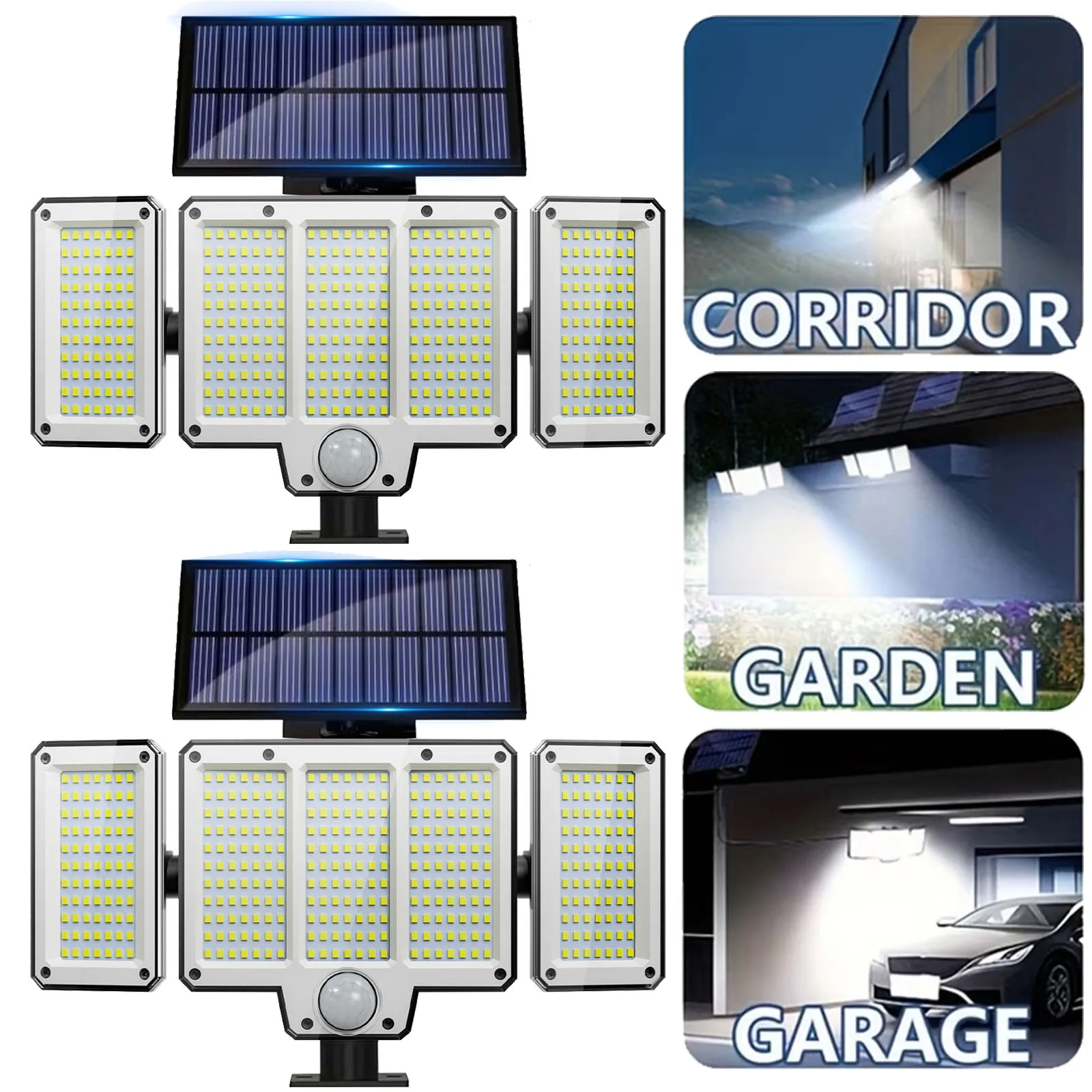 2pcs Wall-Mounted Solar Motion Sensor Lights Outdoor, 323 LED Solar Powered Flood Lamp, 3 Lighting Mode IP65 Waterproof for Yard