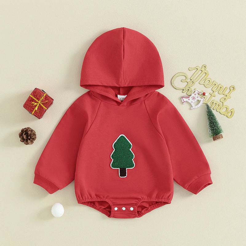 0-18M Newborn Infant Baby Christmas Hooded Romper Fuzzy Christmas Tree Pattern Long Sleeve Jumpsuit Fall Winter Outfit Clothes