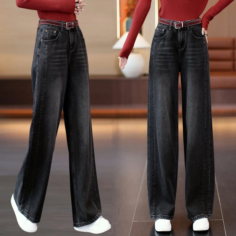 

Washed Vintage Wide-Leg Jeans for Women, Autumn and Winter High-Waisted Loose Slimming Fleece-Lined Warm Straight-Leg Casual Pan