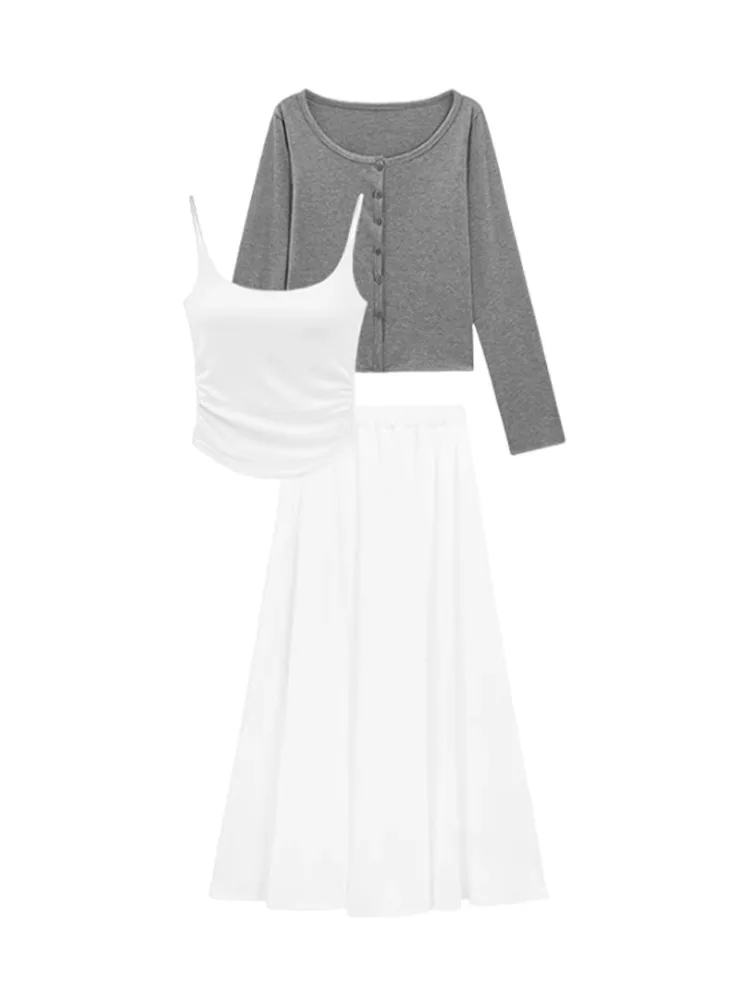 Ensemble t-shirt coréen Sle blanc Strapl Dr femmes été longue taille couchée Dr trajet couleur Pure taille haute