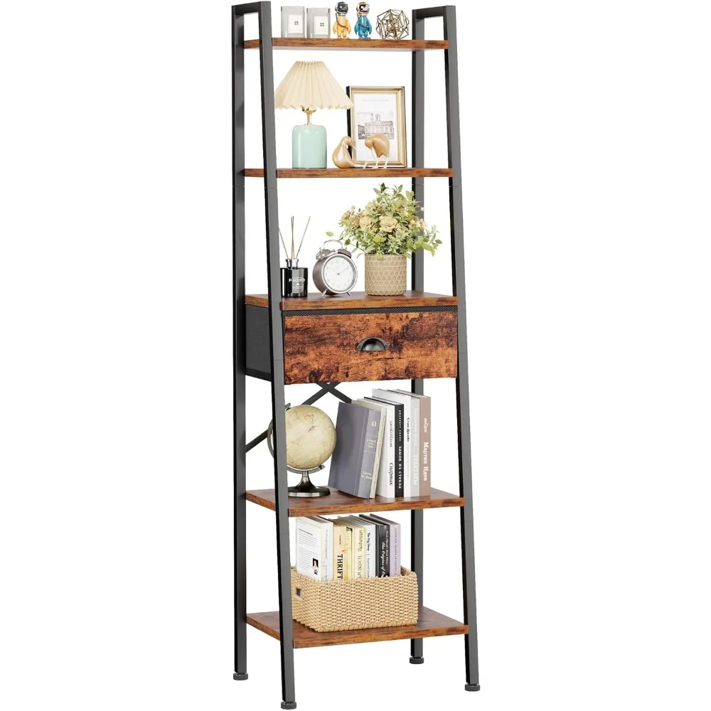 

5 Tier Ladder Shelf with Drawer, Tall Bookshelf Storage Shelves, Bookcase Standing Shelf Units, Industrial Open Display