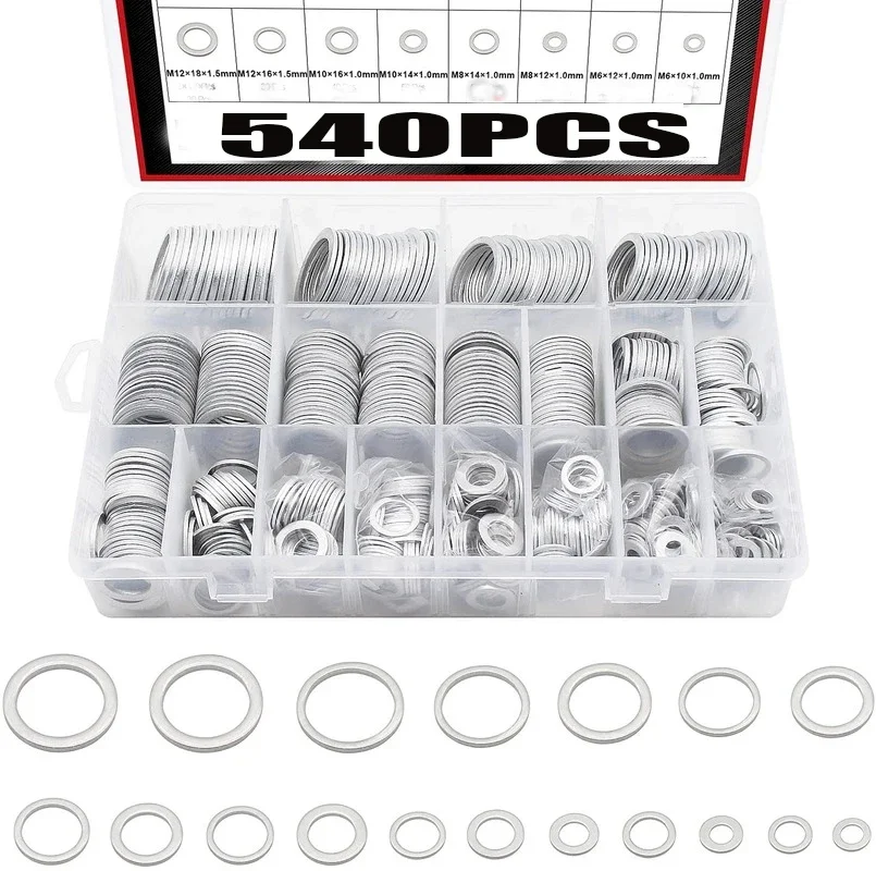 540pcs Washer Automotive Metric Oil Drain Plug Gaskets Aluminum Flat Washer Combination KitM6 M8 M10 M12 M14 M16 M18 M20 M22 M24