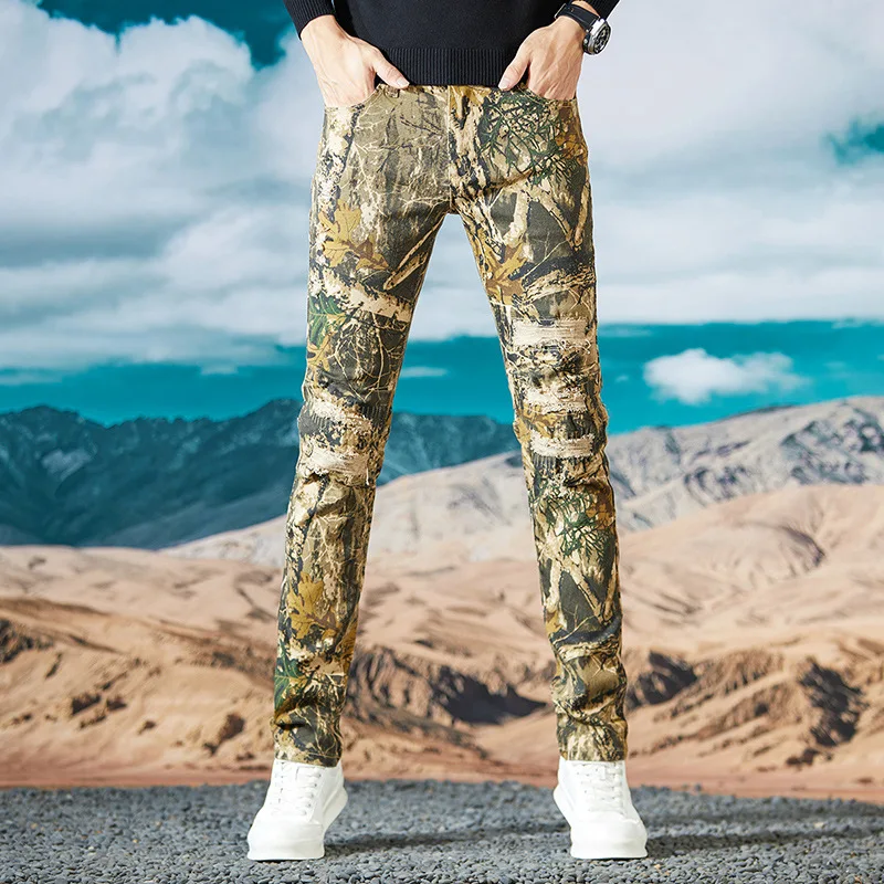 Branch camouflage jeans men's autumn fashion slim-fitting small straight hole patch Street handsome retro biker's pants