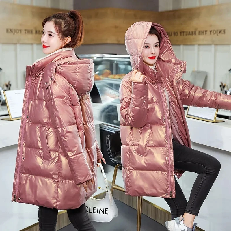 Glossy Down Cotton Coat Women's Winter 2025 New Long Parkas Thick Warm Loose Pocket Jackets Lady Hooded Windproof Casual Outwear