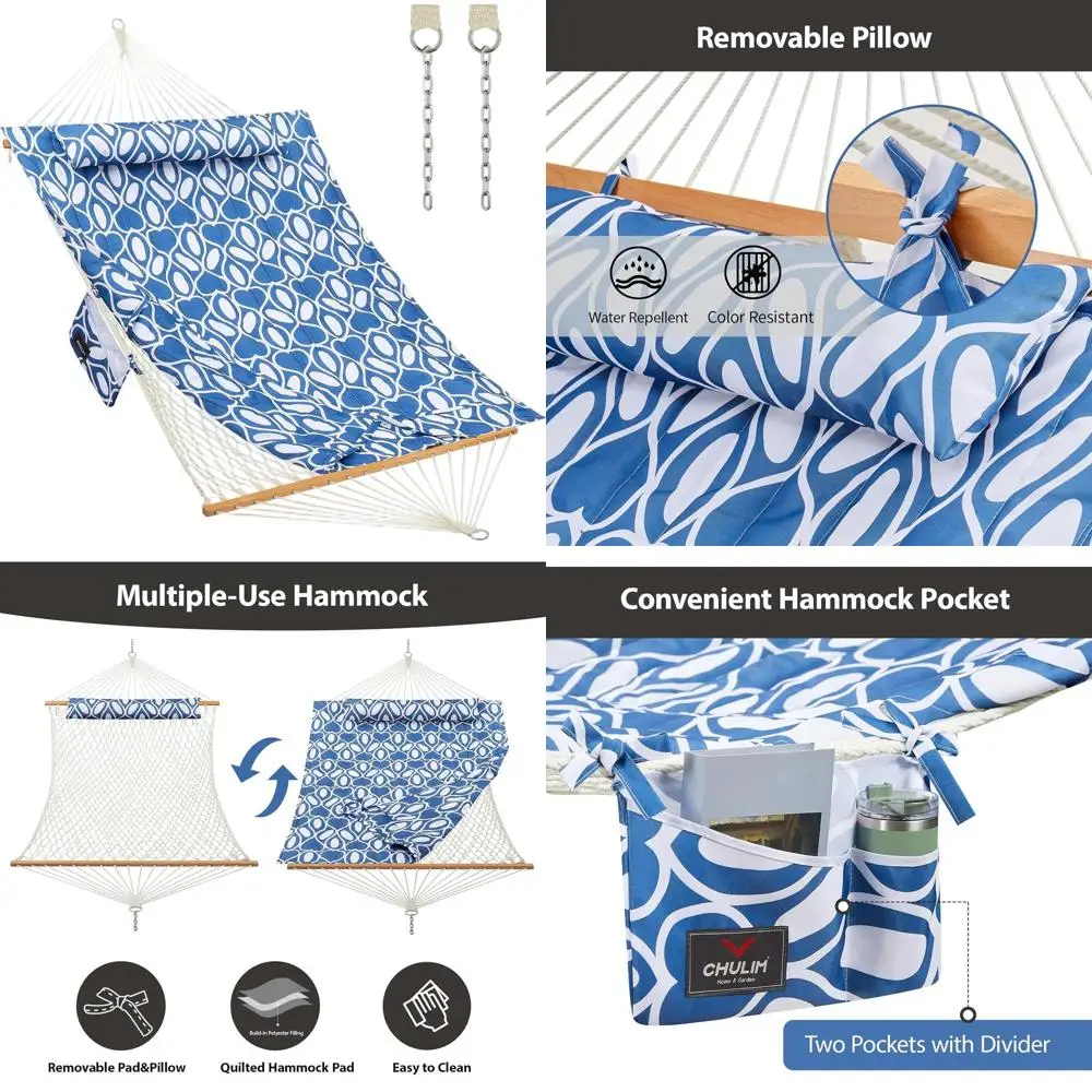 

Large Double Hammock with Hardwood Bars, Polyester Pad & Pillow, 475 lbs Capacity, Blue Print Design for Outdoor Patio & Poolsid