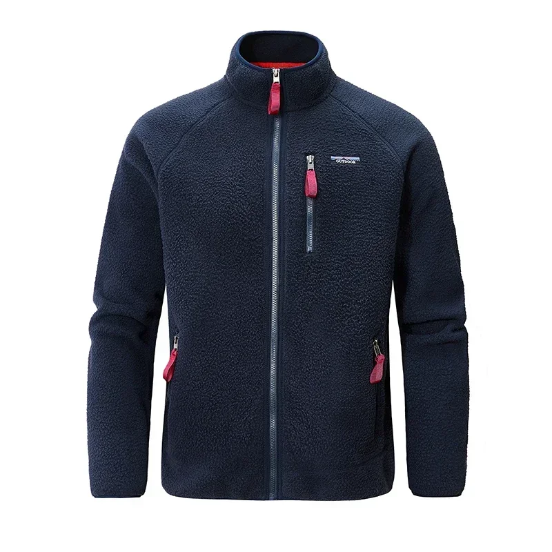 Men Polar Fleece Jacket Stand Collar Full Zip Up Outdoor Hiking Coat Multi Zipper Pockets Thermal Warm Casual Sports Outerwear
