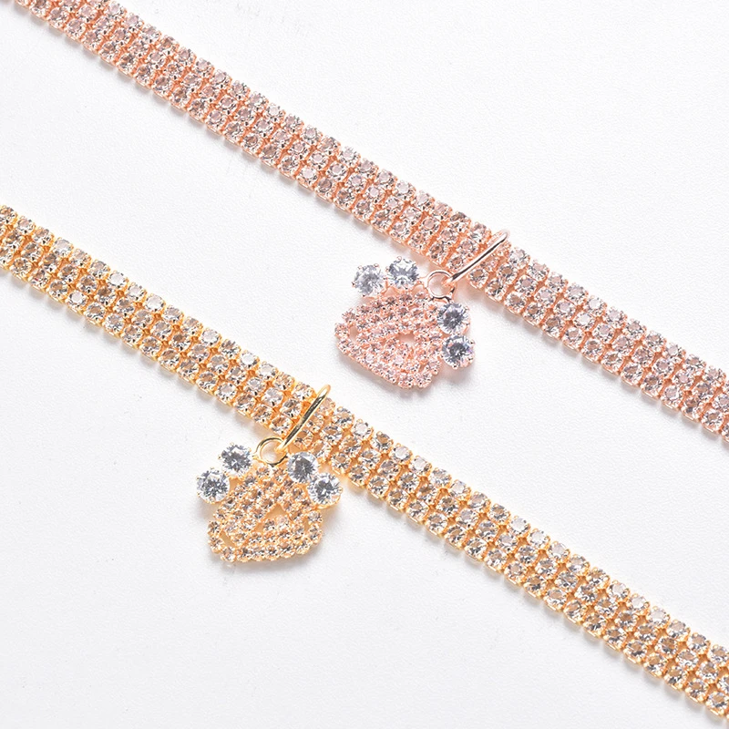 Paw Shaped Rose Gold Dog Collar Lovely Solid Zircon Necklace for York Dogs Golden Kitten Collars Adjustable Pet Cat Accessories