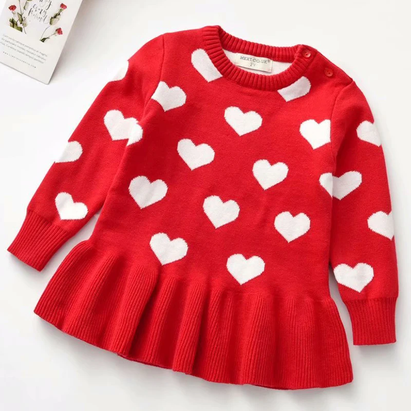 1-5Yrs Sweet Dress Kids Baby Girls Valentine's Day Dress Knitting Sweater Heart Print Dress Pullover Autumn Girls Clothing