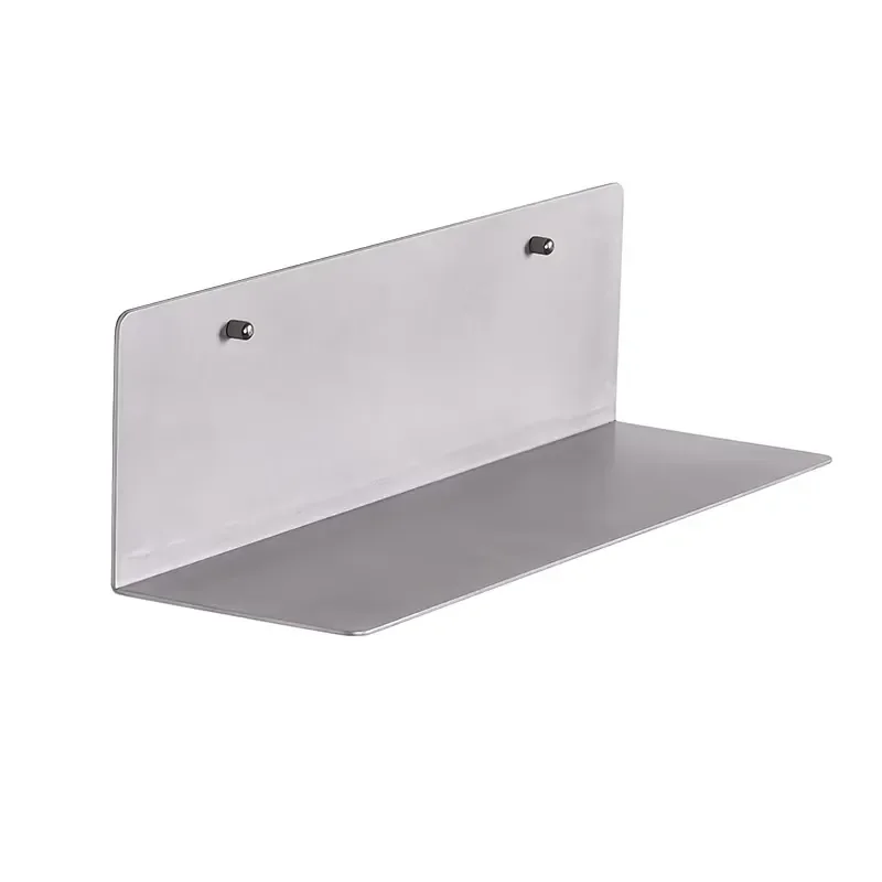 L-shaped shelf brackets with aluminum and stainless steel wall mounts for floating shelf storage