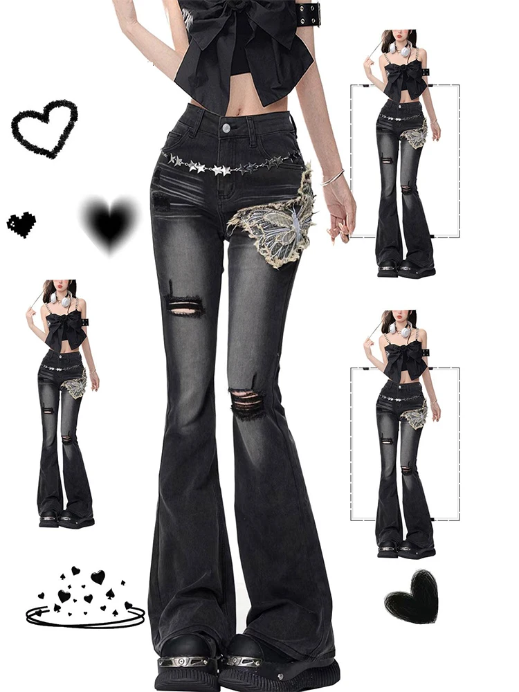 

Women's Black Gothic Y2k Ripped Flare Jeans Harajuku Japanese 2000s Style Baggy Denim Trousers Jean Pants Vintage Trashy Clothes