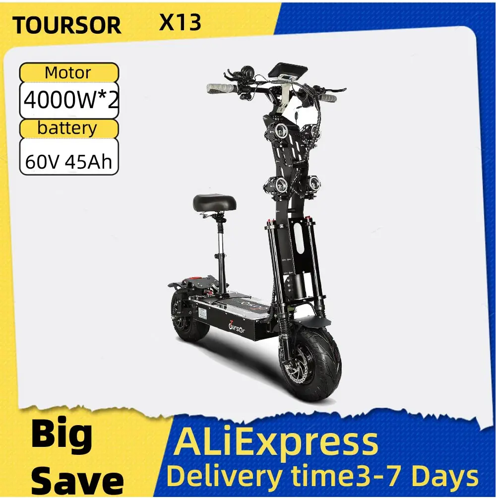 

TOURSOR X13 Electric Scooter For Adults 5000W*2 Dual Motor 72V35Ah Battery E-Scooter 13" Road Tire Foldable Road EScooter