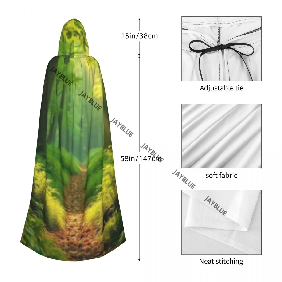 Moedas em árvores no caminho da floresta iluminada ao sol capa com capuz de poliéster unissex capa de bruxa acessório de fantasia