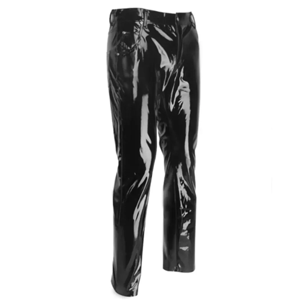 Calça reta de couro brilhante masculina, calça de látex Wetlook, calça dança, moda skinny, boate festa