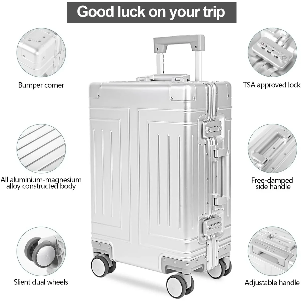 All Aluminum Magnesium Carry On Luggage，Cut from Whole Aluminum Sheet，22x14x9 Airline Approved