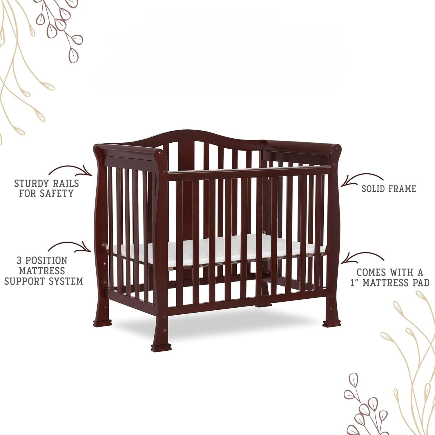 Convertible Mini Crib in Espresso, Non-Toxic Finishes, Built of New Zealand Pinewood, Comes with 1” Mattress Pad