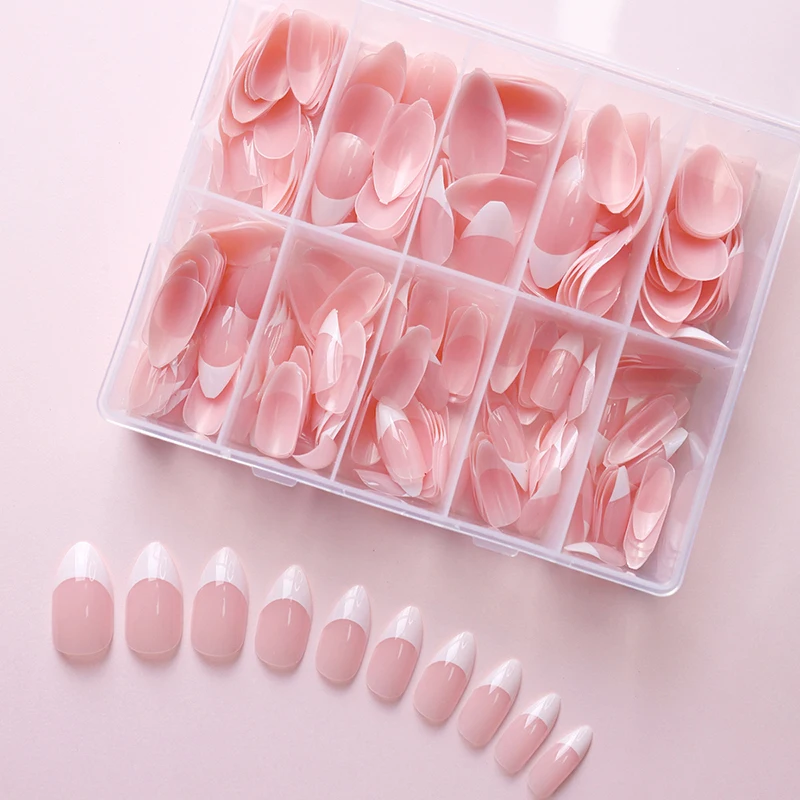 

120/240/360Pcs/Box Huge Capacity Soft Gel Nail Tips, Glossy Pink French Medium Almond Press On Nails, White Simple False Nails