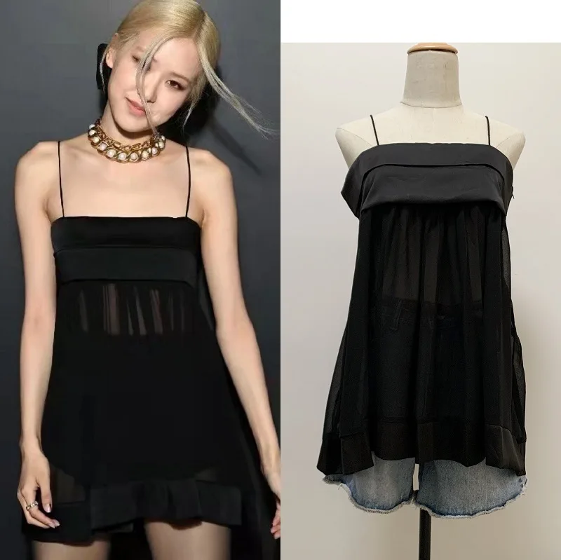 

Kpop Korea Celebrity ROSE Stage Performance Costume Black Sleeveless Mini Dress Women Festival Rave Sexy Strapless Sling Dresses