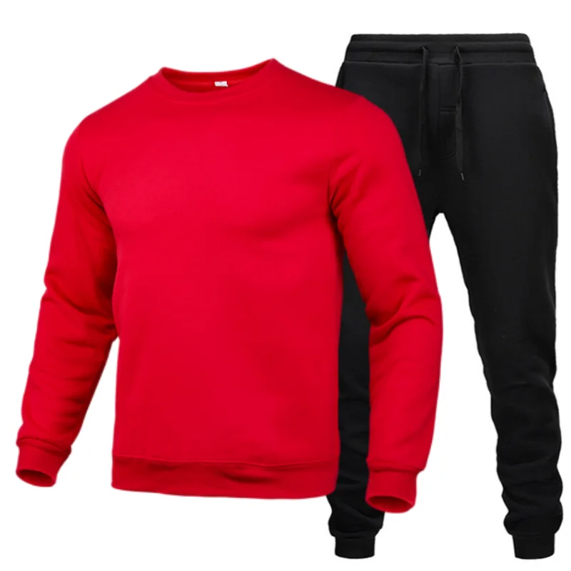 New  Solid Color New high-quality men\'s leisure sports round neck hoodless sweater pullover+outdoor running pants set