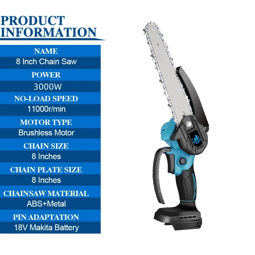 3000W 8 Inch Brushless Electric Saw CordlessChainsaw with 2x388VF Battery Woodworking Power Tool For Makita 18V Battery