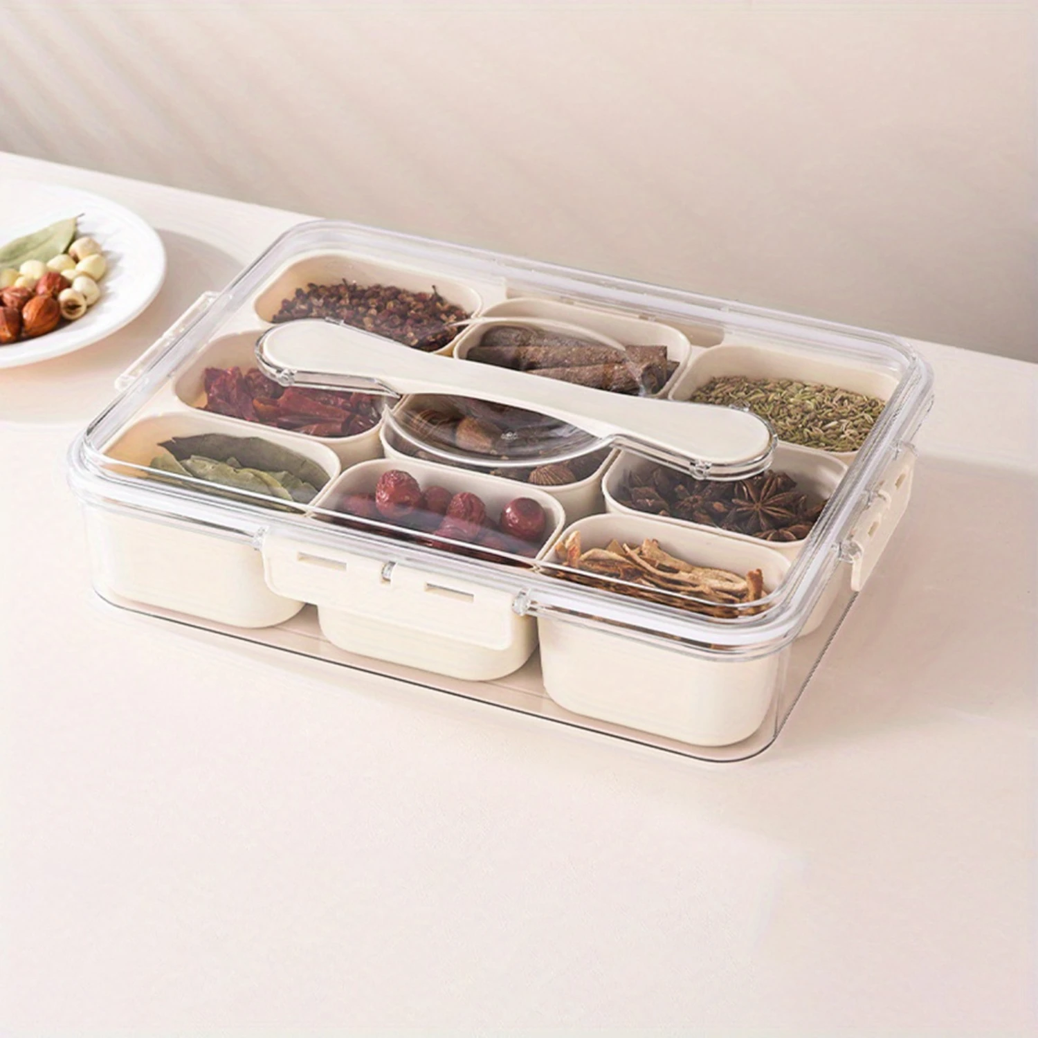 1pc, Airtight Nesting Snack Box Container With Lid & Handle, 9 Compartment Food-Grade Divided Serving Tray, Suitable For ,  And 