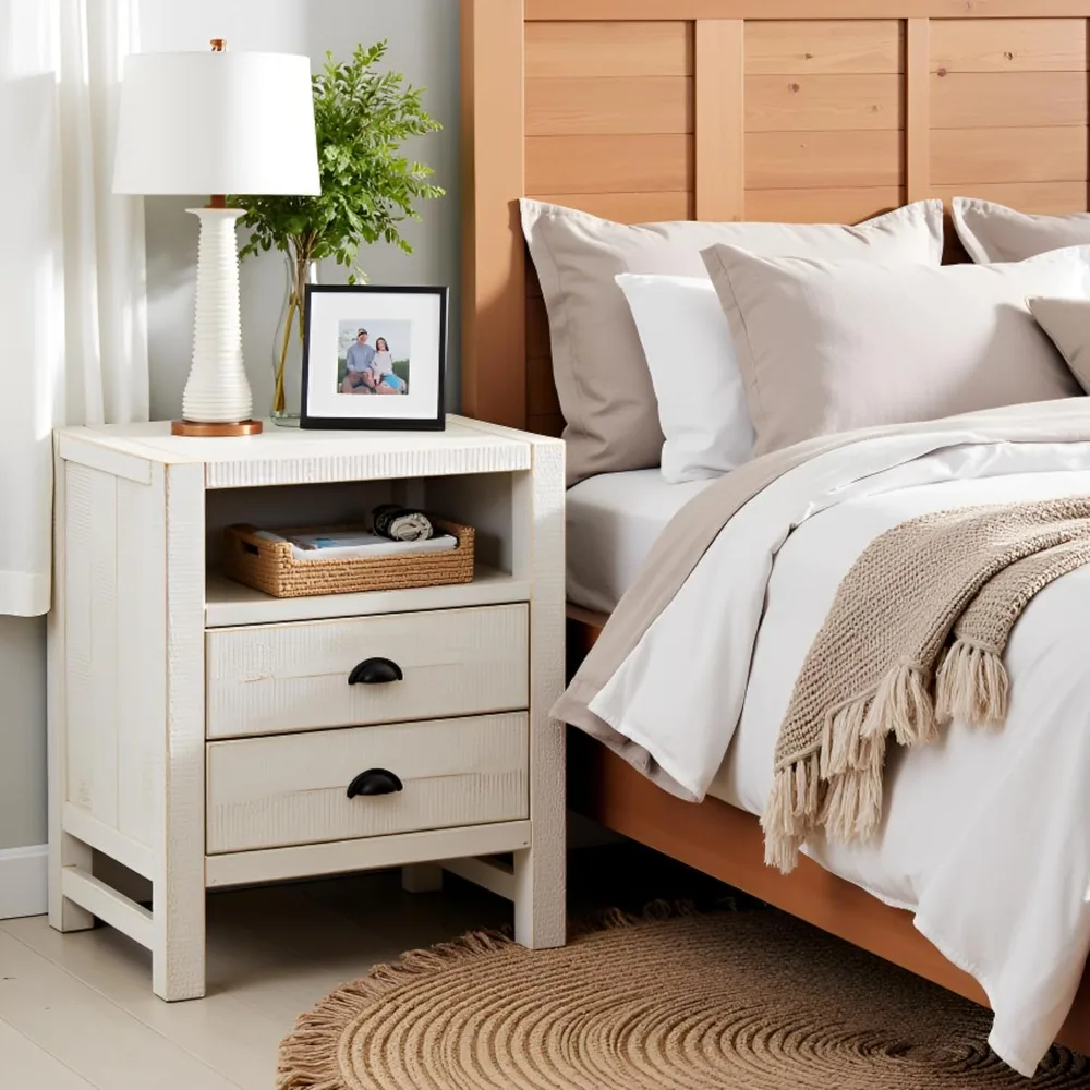 

End Tables, Rustic Farmhouse Nightstand with Open Shelf and 2 Drawers, Wood Bedside Table with Storage Metal Glides Furniture