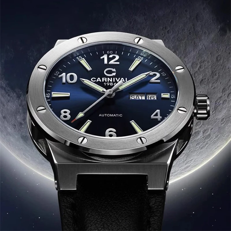 CARNIVAL Automatic Watch Men Luminous Leather Strap Self-Wind Wristwatch MIYOTA Waterproof Mechanical Watch reloj hombre New