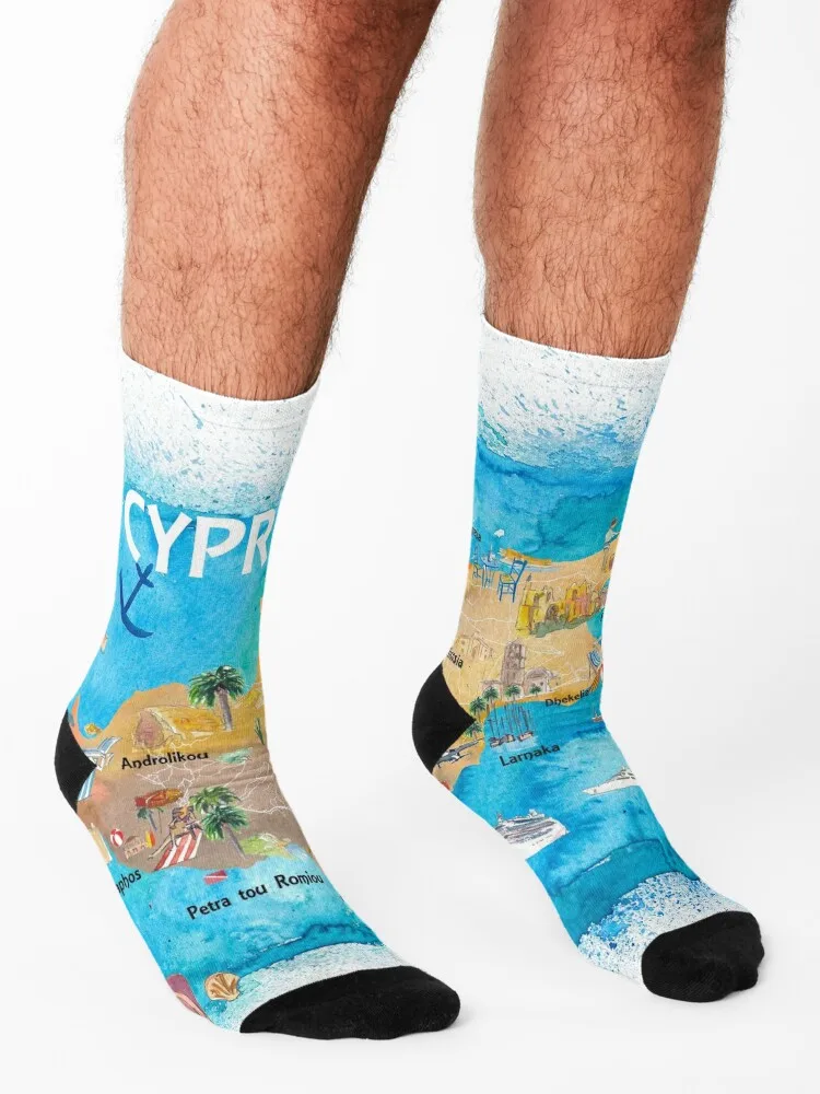 Cyprus Illustrated Map with Main Roads Landmarks and Highlights Socks cotton luxe retro Children's Socks For Man Women's