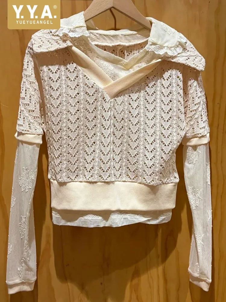 Leisure Female Solid Color Turn-Down Collar Long Sleeves Vest Versatile Ladies Hollowed-Out Embroidery Knitted Outerwear